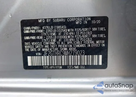 2021 Subaru Crosstrek Sport z USA, uszkodzony, nr VIN JF2GTHRC9MH279023